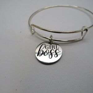 Girl Boss Bracelet Silver Tone Charm Bangle Black Etched Lettering Adjustable
